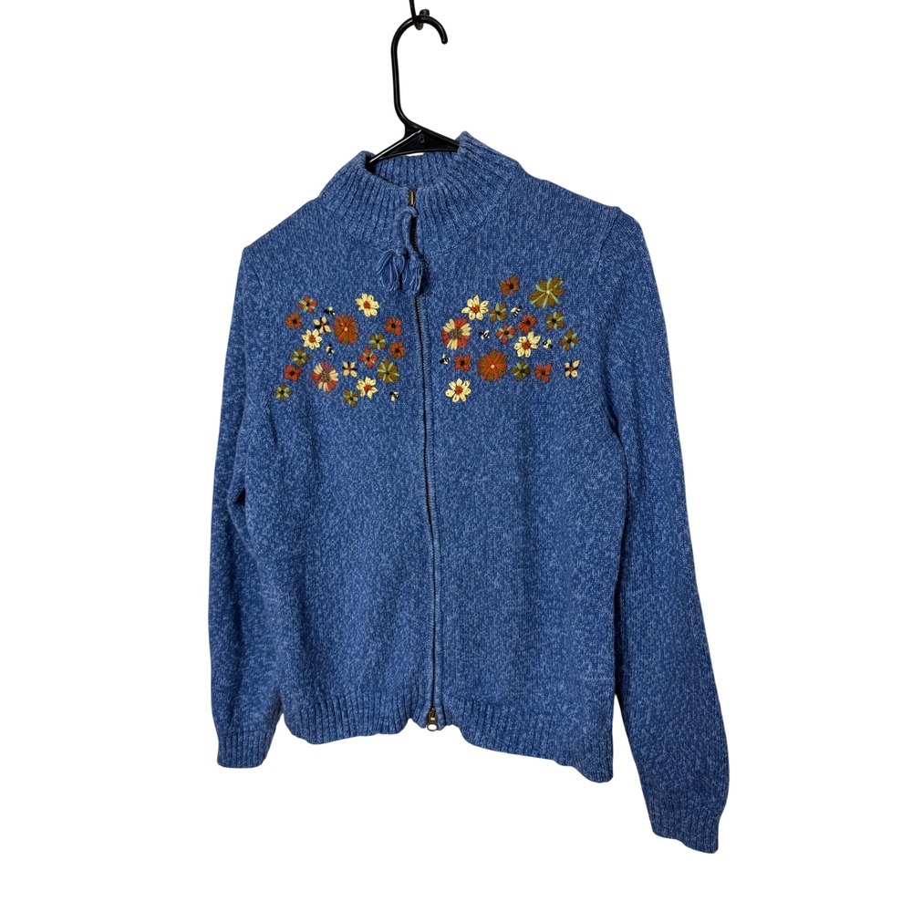 Christopher & Banks Blue Floral Embroidered Zip Up Cardigan Sweater Womens M